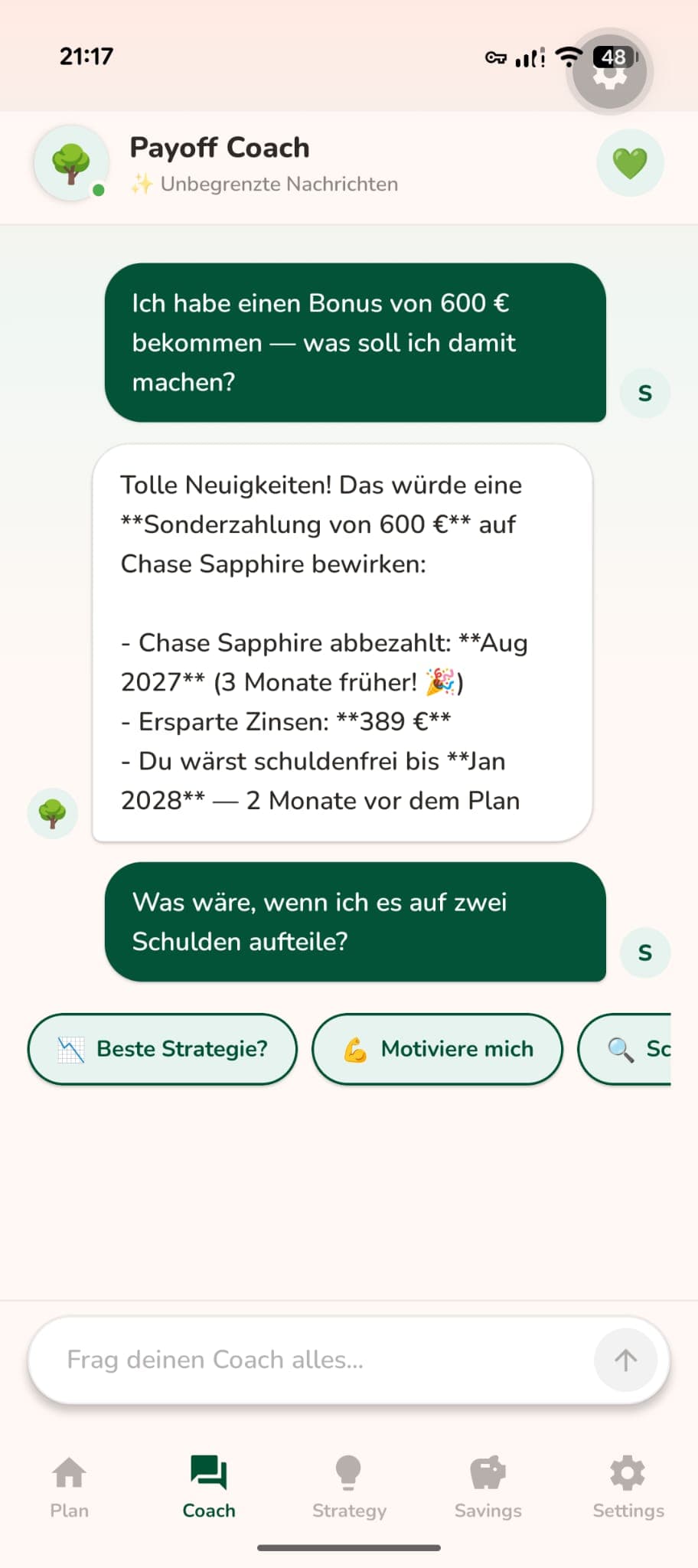 Payoff AI debt coach giving personalised advice