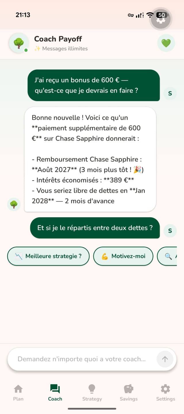 Payoff AI debt coach giving personalised advice