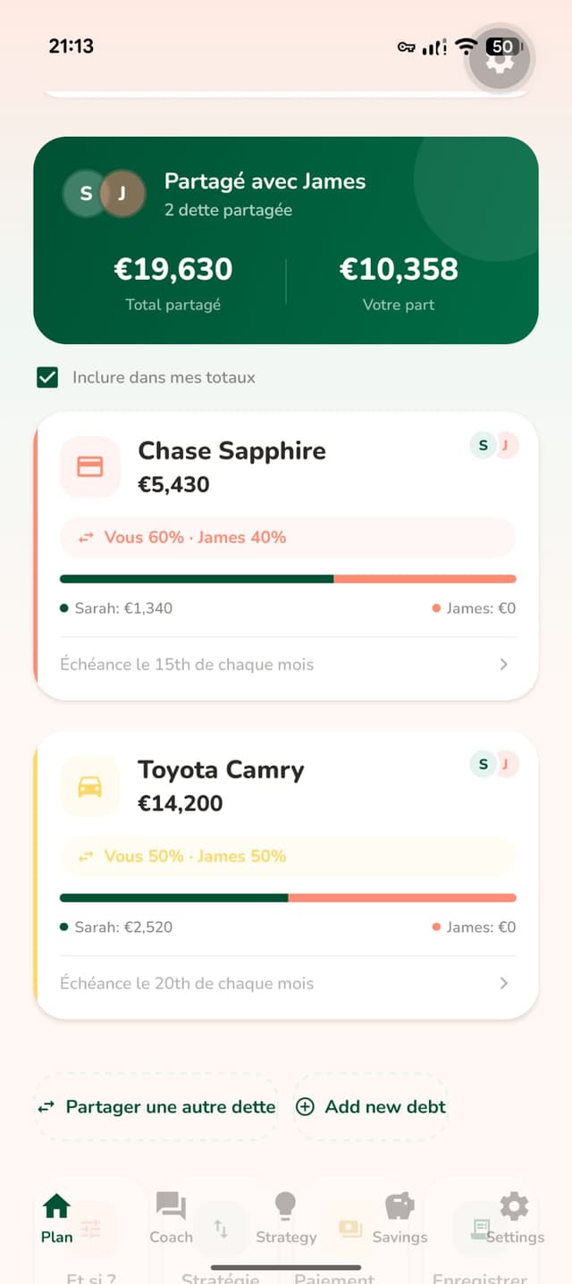 Payoff partner mode showing shared debts