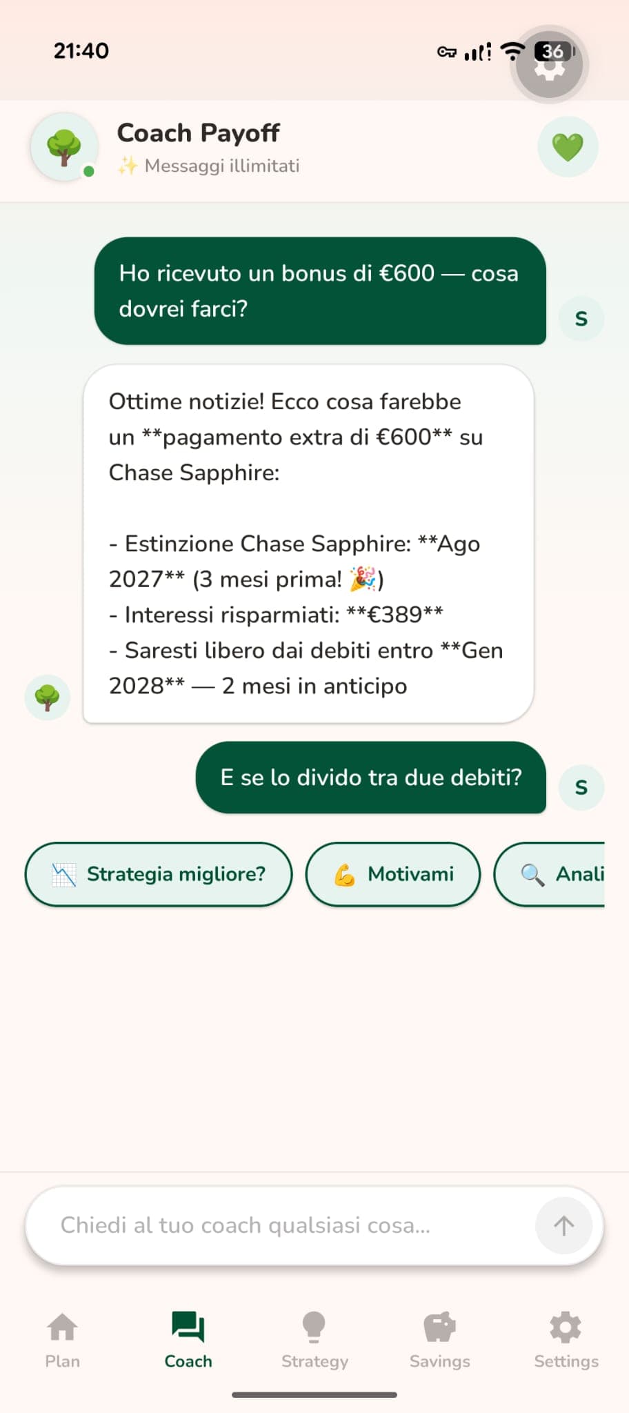 Payoff AI debt coach giving personalised advice