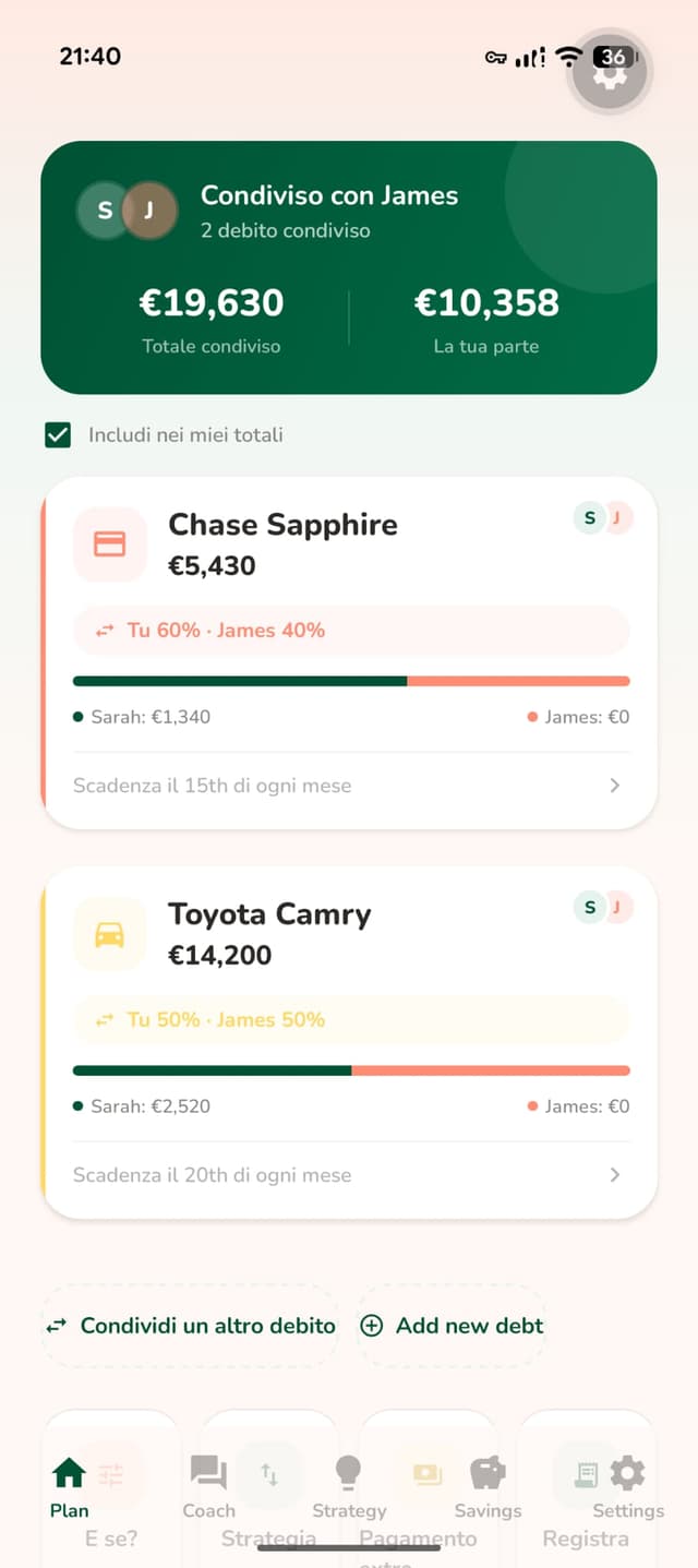 Payoff partner mode showing shared debts
