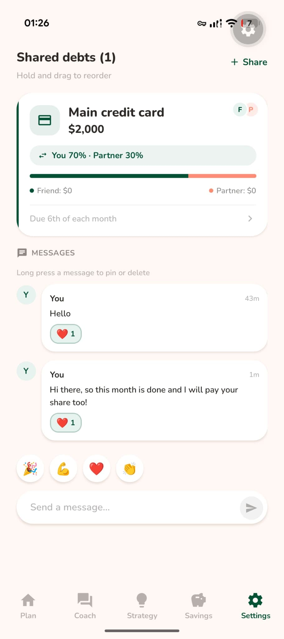 Shared debt cards showing split percentages and contribution tracking