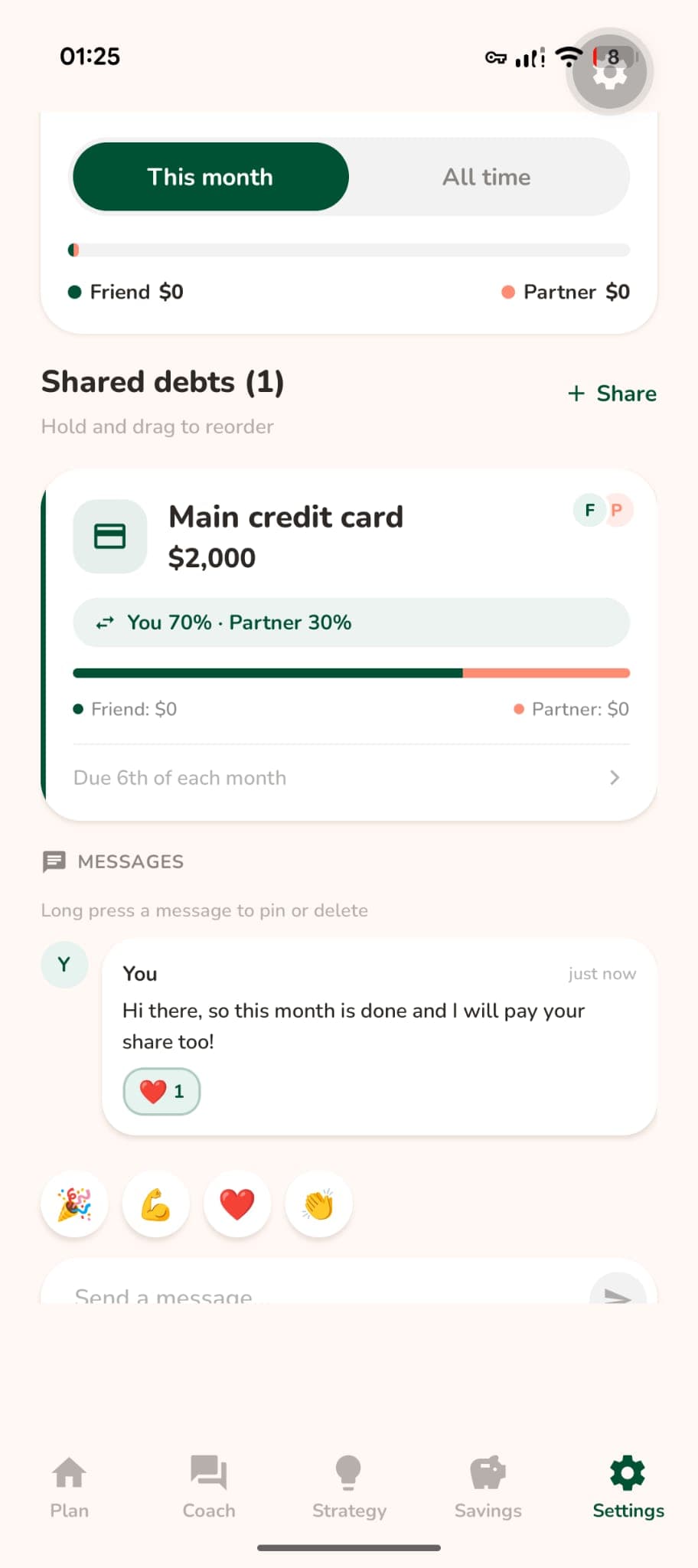 Real-time messaging between partners about shared debt payments