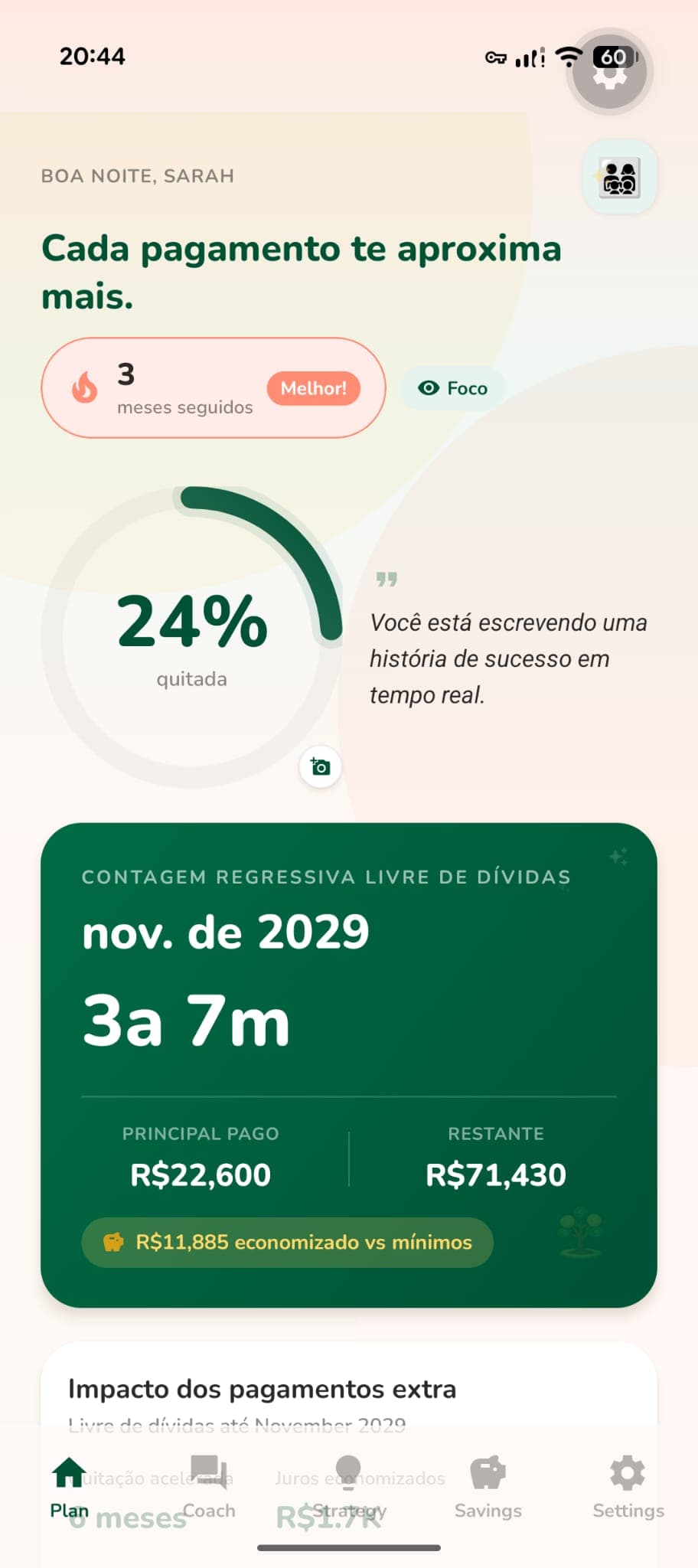 Payoff app dashboard showing debt-free countdown and payment progress