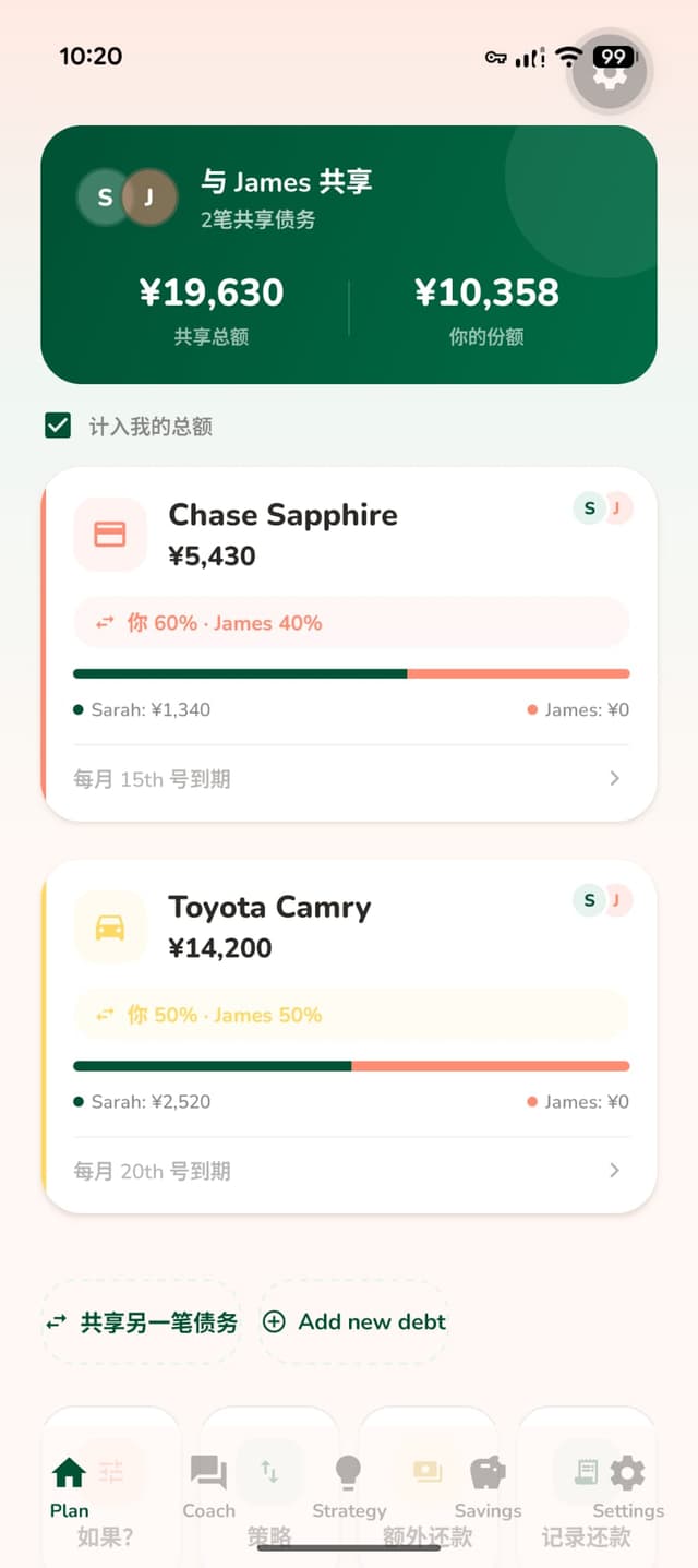 Payoff partner mode showing shared debts