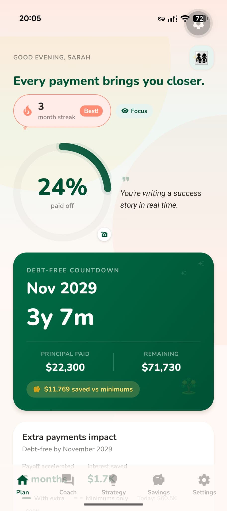 Payoff app dashboard showing debt-free countdown and payment progress