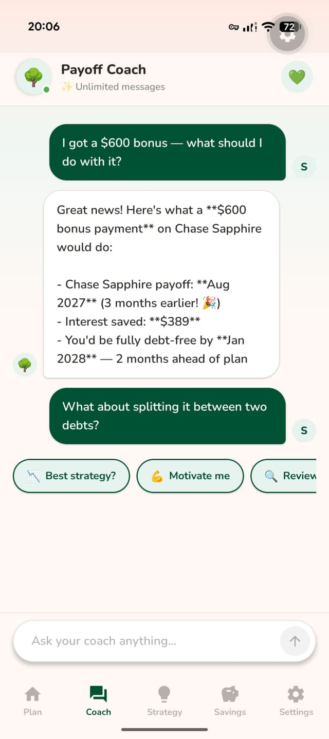 Payoff AI debt coach giving personalised advice